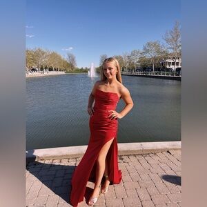 Red Satin Strapless Prom Dress